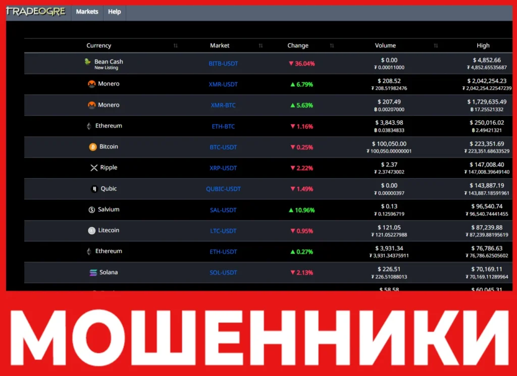 TradeOgre лицевая сторона скрин